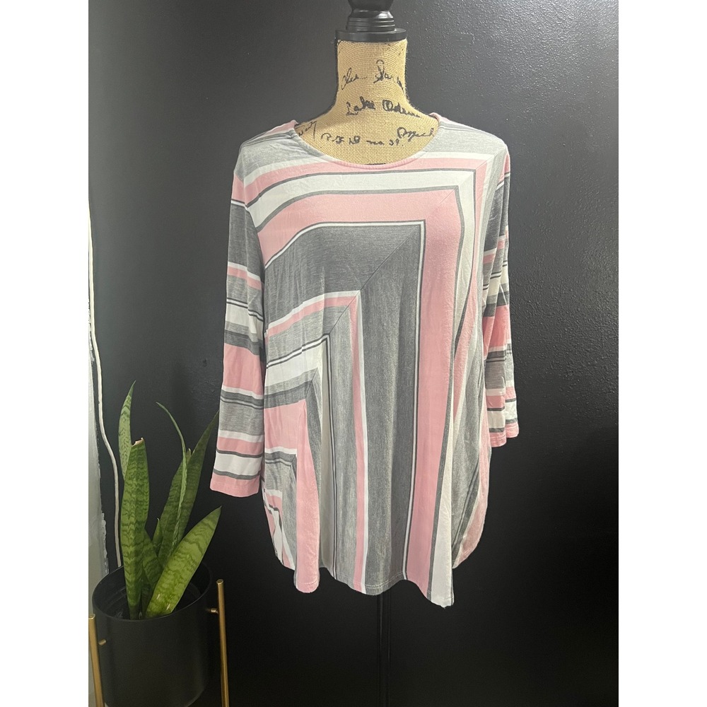 Alfred Dunner Women's 1X Pink‎ Gray Striped 3/4 Sleeve Knit Top